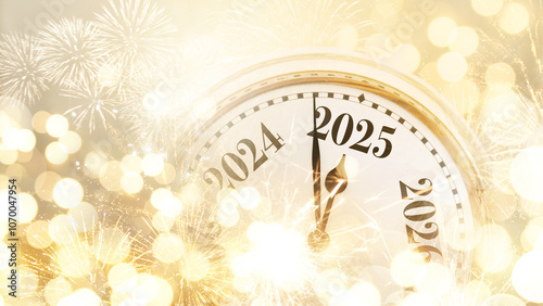 Canvas Print Vintage gold clock points to 2025 New Year on a golden bokeh background with sparks and fireworks, concept