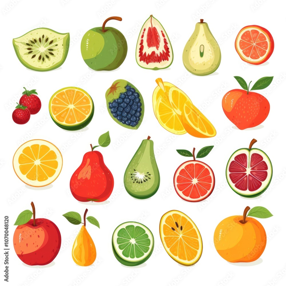 Colorful collection of fresh fruits with slices and whole pieces Colorful collection of fresh fruits with slices and whole pieces