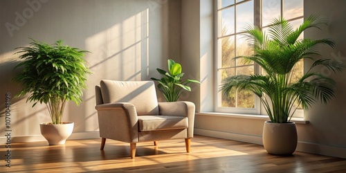 Serene Interior with Long Exposure of a Cozy Chair and Lush Potted Plant in Soft Natural Light for Tranquil Home Decor