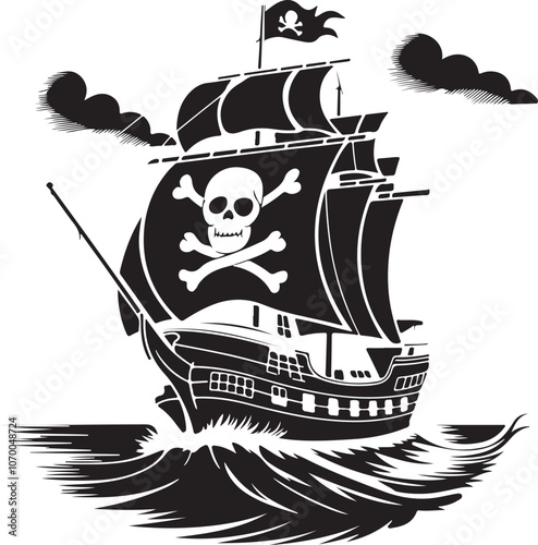 A vector illustration of a pirate ship sailing on the high seas