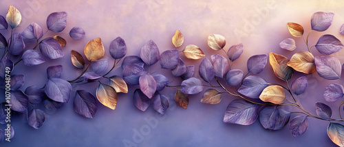 Golden and Purple Leaves on Purple Background.