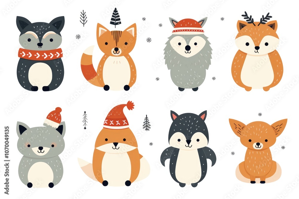 Cute woodland animals in winter hats: festive cartoon forest creatures illustration Cute woodland animals in winter hats: festive cartoon forest creatures illustration