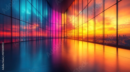 Vibrant sunset view from a modern glass-walled interior.