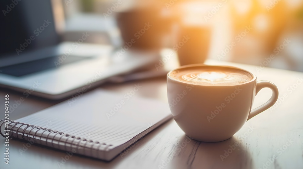 Coffee Cup, Laptop, & Notepad on Desk: Work From Home Coffee Cup, Laptop, & Notepad on Desk: Work From Home