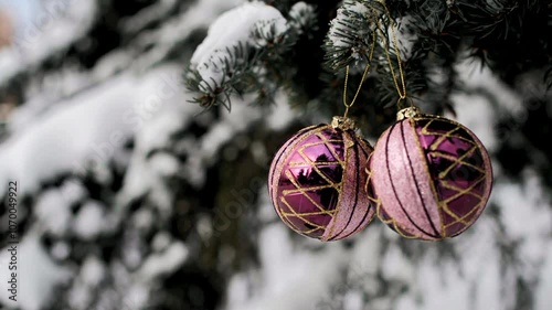 Christmas tree balls on the branches of a fir tree