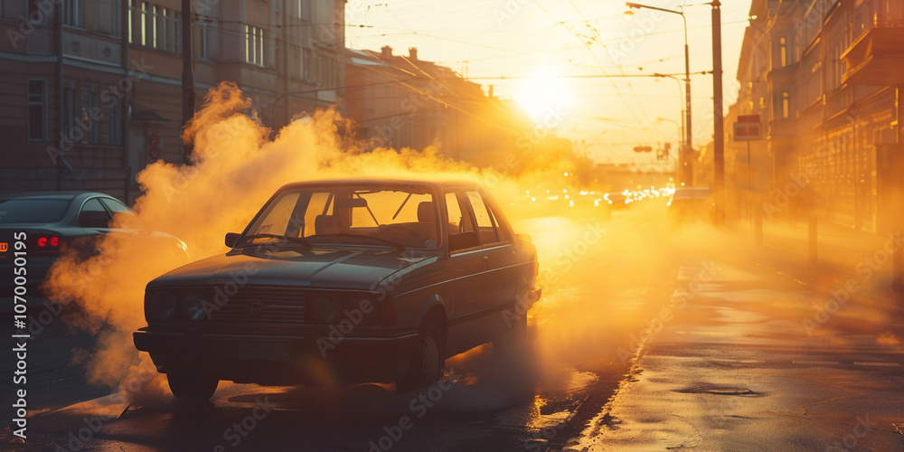Old car emitting smoke on a sunlit city street at dusk.Old Car Emitting Smoke on a Sunlit City Street at Dusk
Old car emitting smoke on a sunlit city street at dusk.Old Car Emitting Smoke on a Sunlit City Street at Dusk