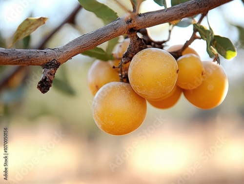 A bunch of Marula fruit hanging from a tree branch