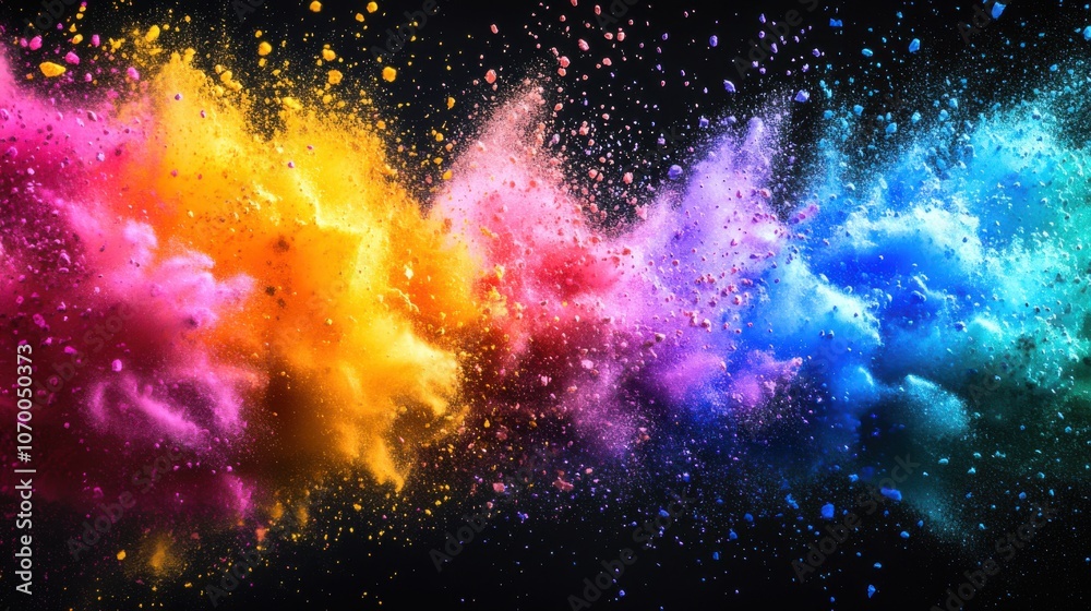 Obraz premium Vibrant explosion of colorful powders creating a dynamic, energetic visual effect on a black background.