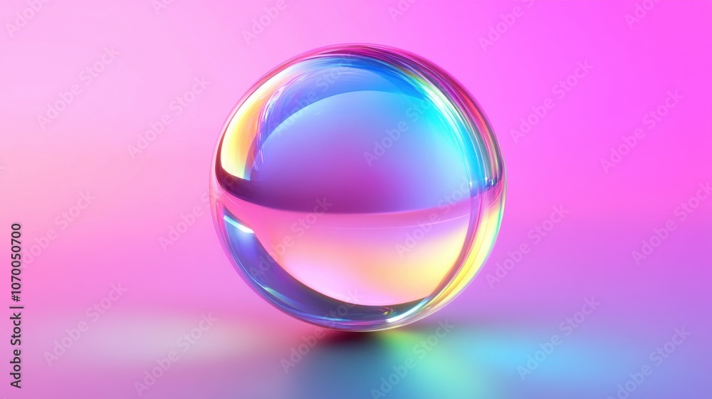 Obraz premium A translucent sphere reflecting vibrant colors against a soft gradient background.