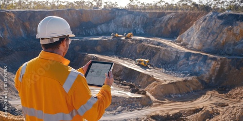 Civil engineers use tablets to control mining sites. ensure control of field work runs smoothly
