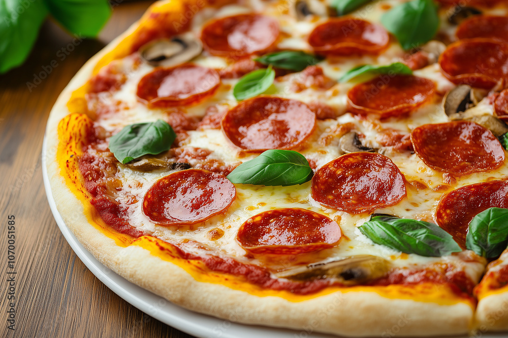 Pepperoni Pizza with Fresh Basil and Cheese Pepperoni Pizza with Fresh Basil and Cheese