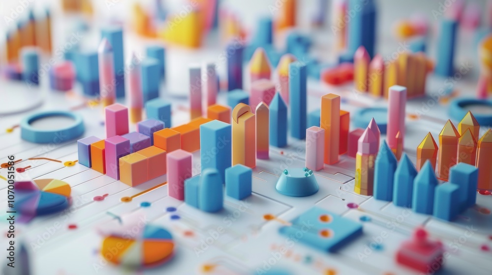 3D display of long-term investments with layered charts, segmented financial icons, and trend arrows indicating profitability on a white background 3D display of long-term investments with layered charts, segmented financial icons, and trend arrows indicating profitability on a white background