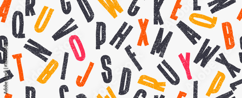 Seamless pattern vector typography, grunge color letters. Bold brush drawn alphabet seamless vector background. Vector hand lettering sketch font pattern. Typography, lettering in punk, grunge style.