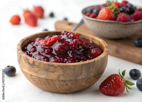 Mixed berries Jam in Wood bowl on isolated white background