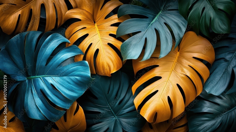Close-up view of vibrant tropical leaves with a golden hue.