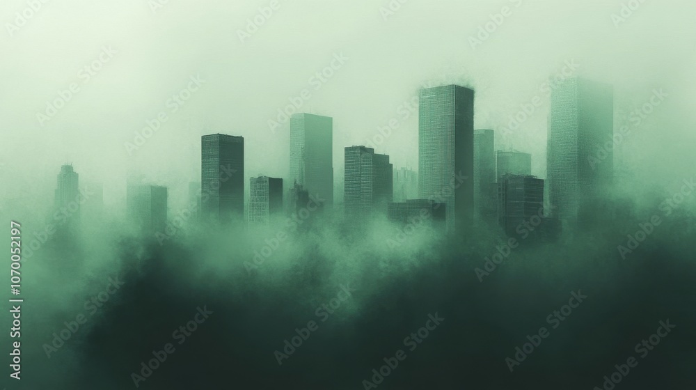 A misty skyline of modern skyscrapers enveloped in green fog creates an eerie yet captivating atmosphere. A misty skyline of modern skyscrapers enveloped in green fog creates an eerie yet captivating atmosphere.