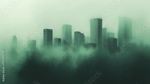 A misty skyline of modern skyscrapers enveloped in green fog creates an eerie yet captivating atmosphere.