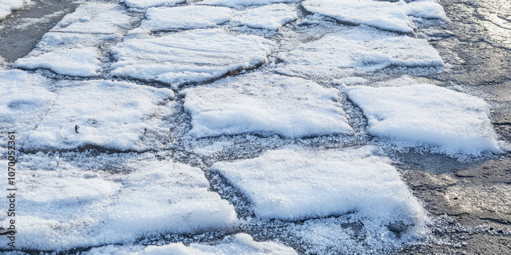 Snow-covered stone pavement, showing the rugged texture and cold atmosphere of winter on an outdoor surface... Snow-covered stone pavement, showing the rugged texture and cold atmosphere of winter on an outdoor surface...