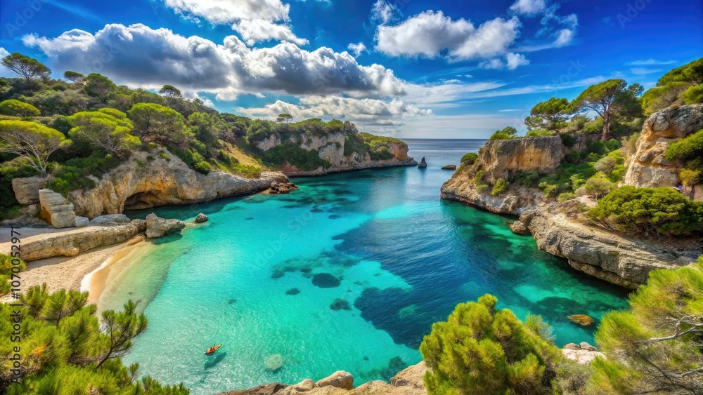 Obraz premium Picturesque Seascape of Cala Moro Beach, Majorca Island, Spain - Idyllic Mediterranean Bay with Crystal Clear Waters, Lush Greenery, and Rocky Cliffs for Perfect Coastal Escape