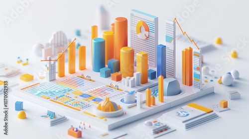 3D investment model with layered bar charts, growth indicators, and financial icons for stocks, bonds, and real estate on a white background