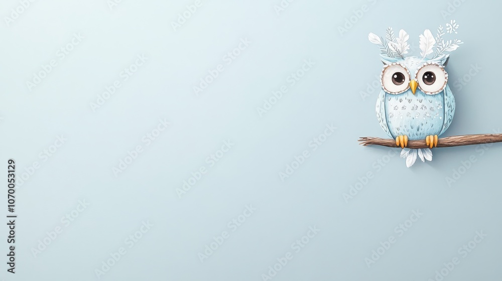 A whimsical blue owl perched on a branch against a soft pastel background, showcasing intricate details and a playful design.