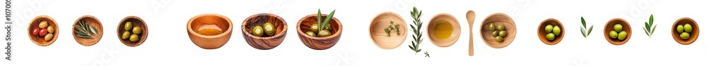 Obraz premium Various wooden bowls with olive oil on transparent background, top view