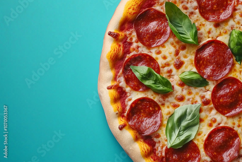 Pepperoni Pizza with Basil on Blue Background