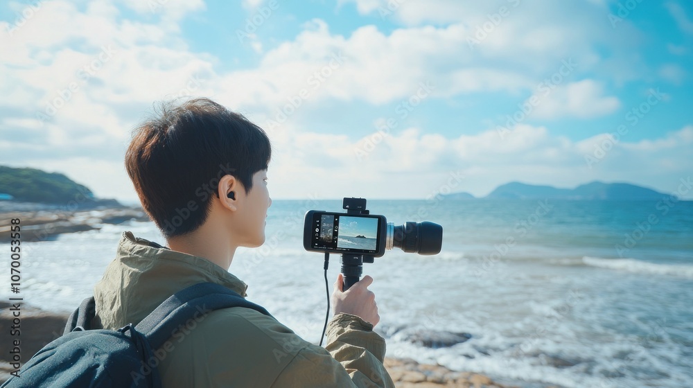 Man Filming Seascape with Phone Man Filming Seascape with Phone