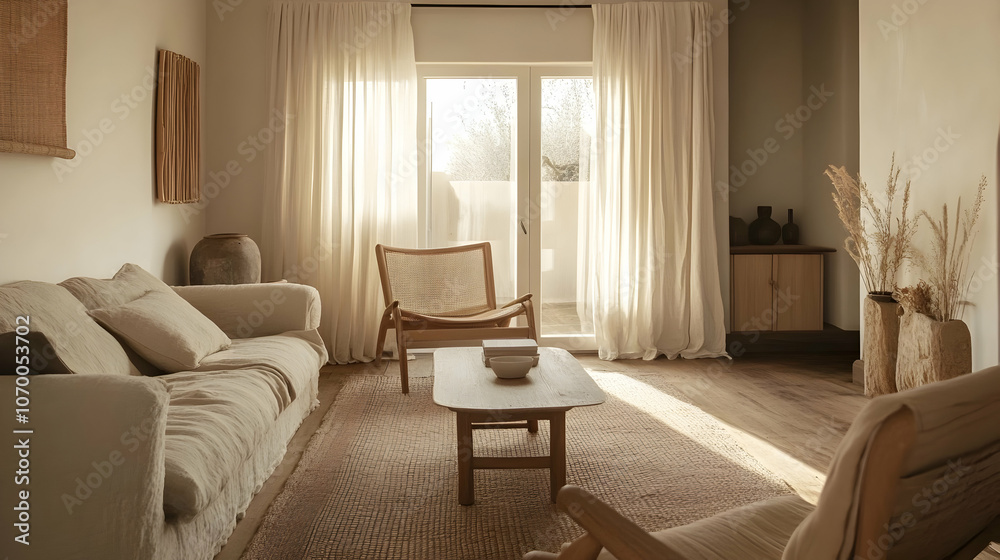 Fototapeta premium Effortless Minimalist Cottage Living Room with Soft Linen Drapes, Simple Wooden Furniture, and Open, Inviting Atmosphere