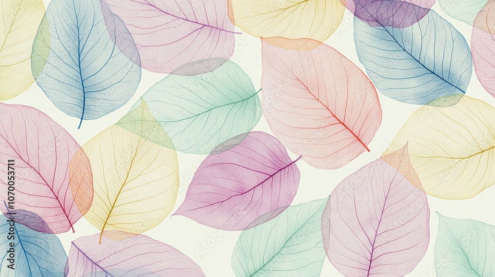 A vibrant arrangement of pastel-colored leaves in various shades, creating a delicate and airy atmosphere.