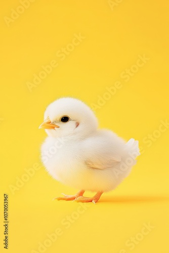 Baby chick with fluffy feathers, isolated on soft yellow background