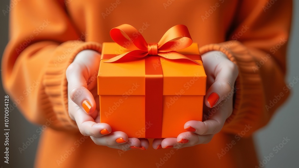 Close-up photo of girl in orange clothes hands with orange manicure holding orange gift box Close-up photo of girl in orange clothes hands with orange manicure holding orange gift box