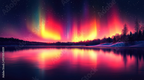 Spectacular aurora borealis reflecting on a tranquil lake