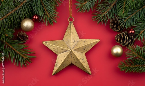 Gold Star Christmas Ornament with Pine Branches , Generative AI 