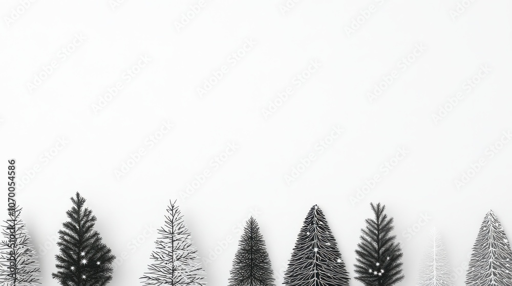 A serene arrangement of black and white pine trees against a minimalist white background, evoking a calm winter atmosphere. A serene arrangement of black and white pine trees against a minimalist white background, evoking a calm winter atmosphere.
