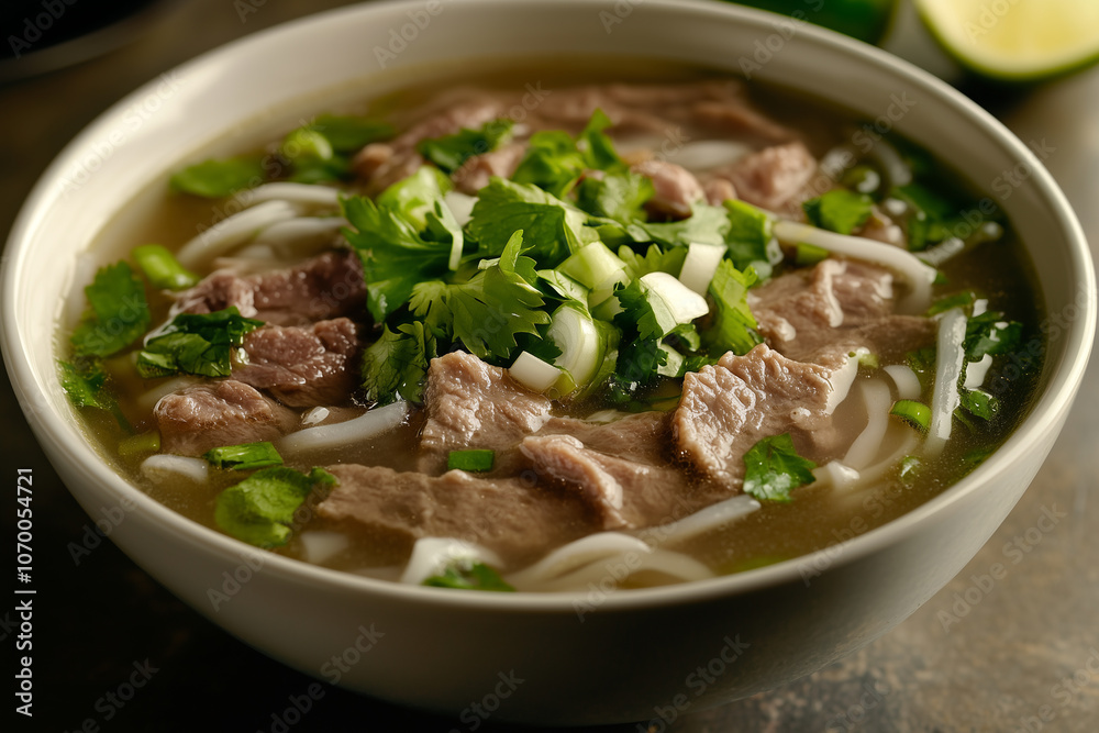 Bowl of Vietnamese Pho with Beef and Fresh Herbs Bowl of Vietnamese Pho with Beef and Fresh Herbs