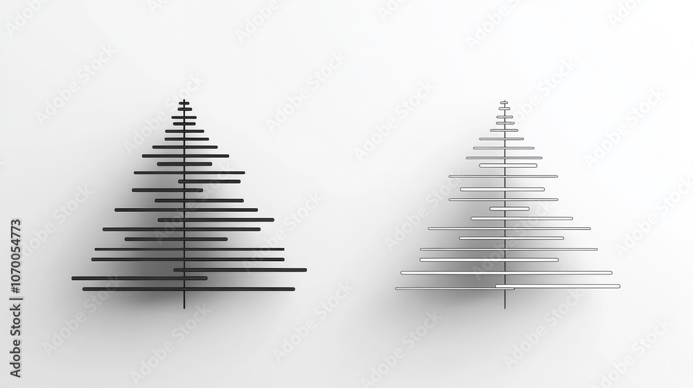 Two minimalist, modern Christmas trees are displayed in a sleek, contemporary style, crafted from horizontal lines against a light background. Two minimalist, modern Christmas trees are displayed in a sleek, contemporary style, crafted from horizontal lines against a light background.