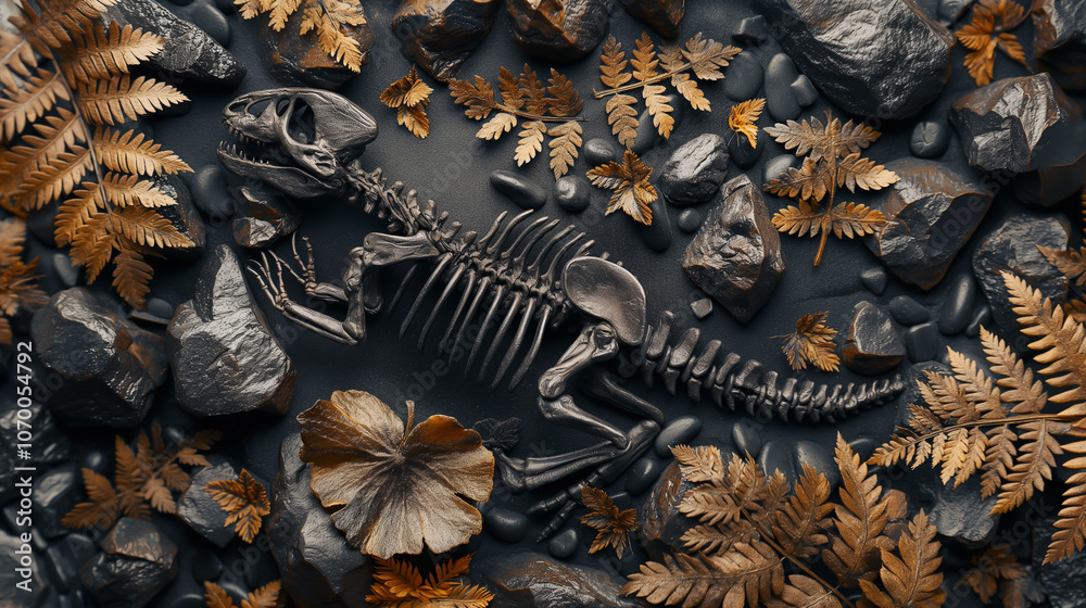Abstract background, preservation of plants and fossils of ancient dinosaurs.