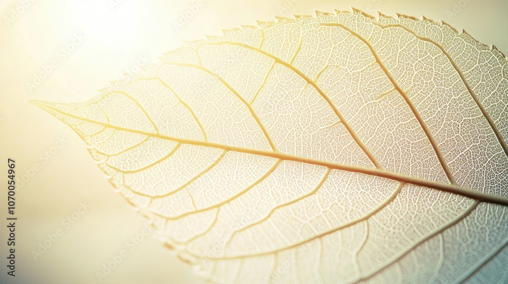 Obraz premium Close-up of a delicate leaf showcasing intricate veins and soft illumination, creating a serene natural atmosphere.