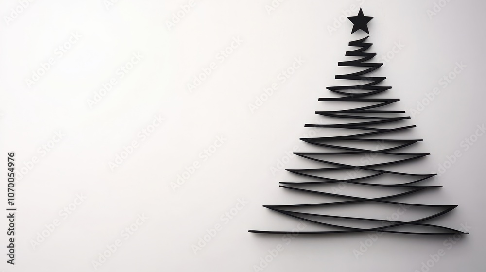 Fototapeta premium A minimalist Christmas tree design made from layered strips, set against a simple white background, evoking a modern holiday aesthetic.