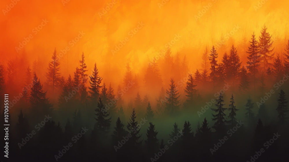 Fototapeta premium A breathtaking view of silhouetted pine trees against a vibrant orange and yellow sunset sky.