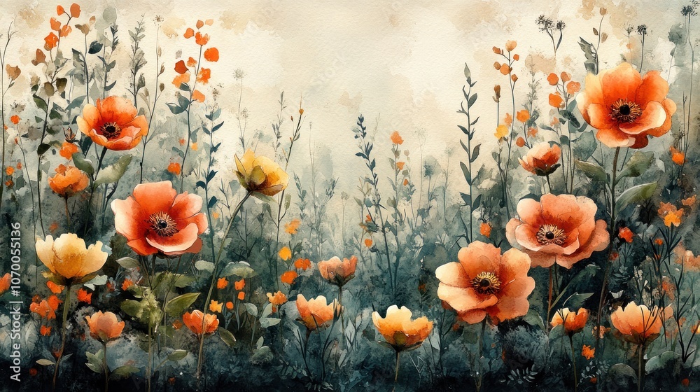 A vibrant watercolor painting of blooming flowers in a serene setting. A vibrant watercolor painting of blooming flowers in a serene setting.