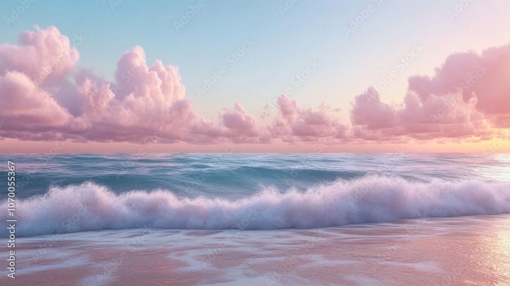 Obraz premium A serene coastal scene at sunset with gentle waves lapping against the shore and pastel-colored clouds in the sky.