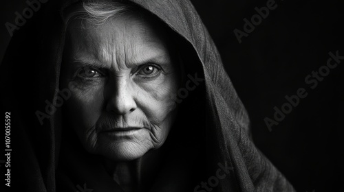 A mature woman wearing a black hooded cloak gazes intensely with a serious expression. Her features are highlighted by the stark contrast of the dark background, creating a dramatic atmosphere.