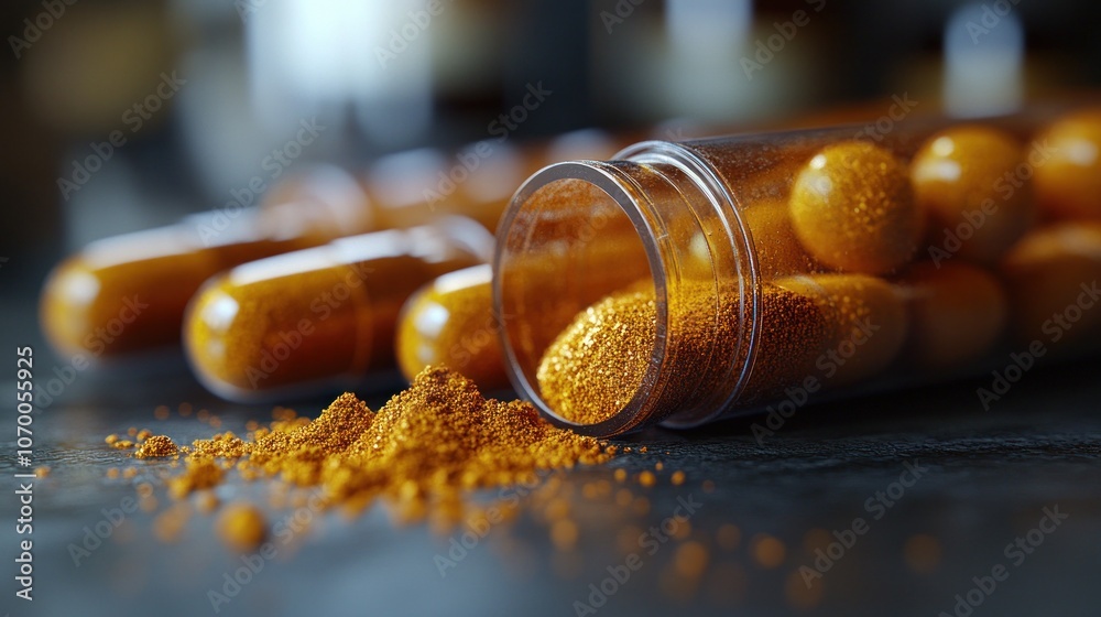 Close-up of capsules and powder, likely a dietary supplement. Close-up of capsules and powder, likely a dietary supplement.