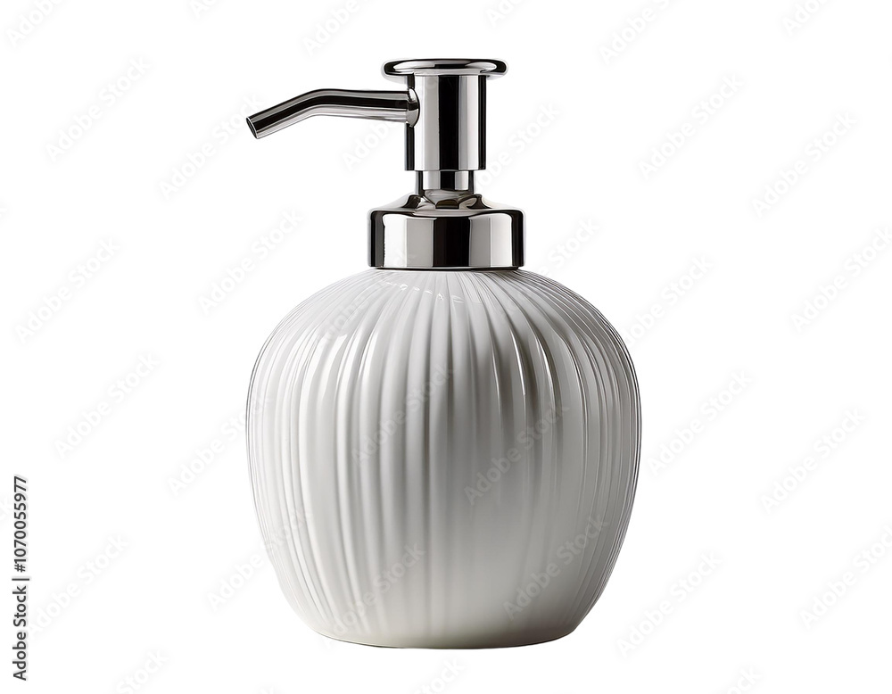 Minimalist white ceramic soap dispenser with chrome pump on white background. Minimalist white ceramic soap dispenser with chrome pump on white background.