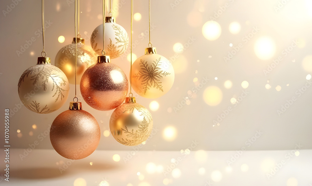 Golden, copper and white Christmas decoration balls on bokeh background