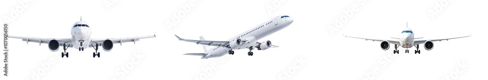 Obraz premium Take-off of an airplane against a white or transparent background. Close-up of a white airplane from the side. Concept of vacation, travel abroad. Graphic design element.