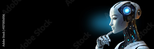 Extreme close-up of a female humanoid robot while she is thinking isolated on a black and blue background with copy space. Artificial intelligence concept. Blank wide banner. Generative Ai.