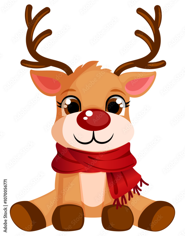 Red-Nosed Cute Reindeer with Scarf Sitting - Front View Vector Graphic Isolated Red-Nosed Cute Reindeer with Scarf Sitting - Front View Vector Graphic Isolated